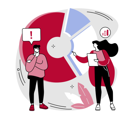 Die Grafik zeigt zwei Personen in einem angeregten Austausch. Im Hintergrund ist ein Kreisdiagramm dargestellt. Die Grafik veranschaulicht den Funktionsumfang der Simba Buchhaltungssoftware. 